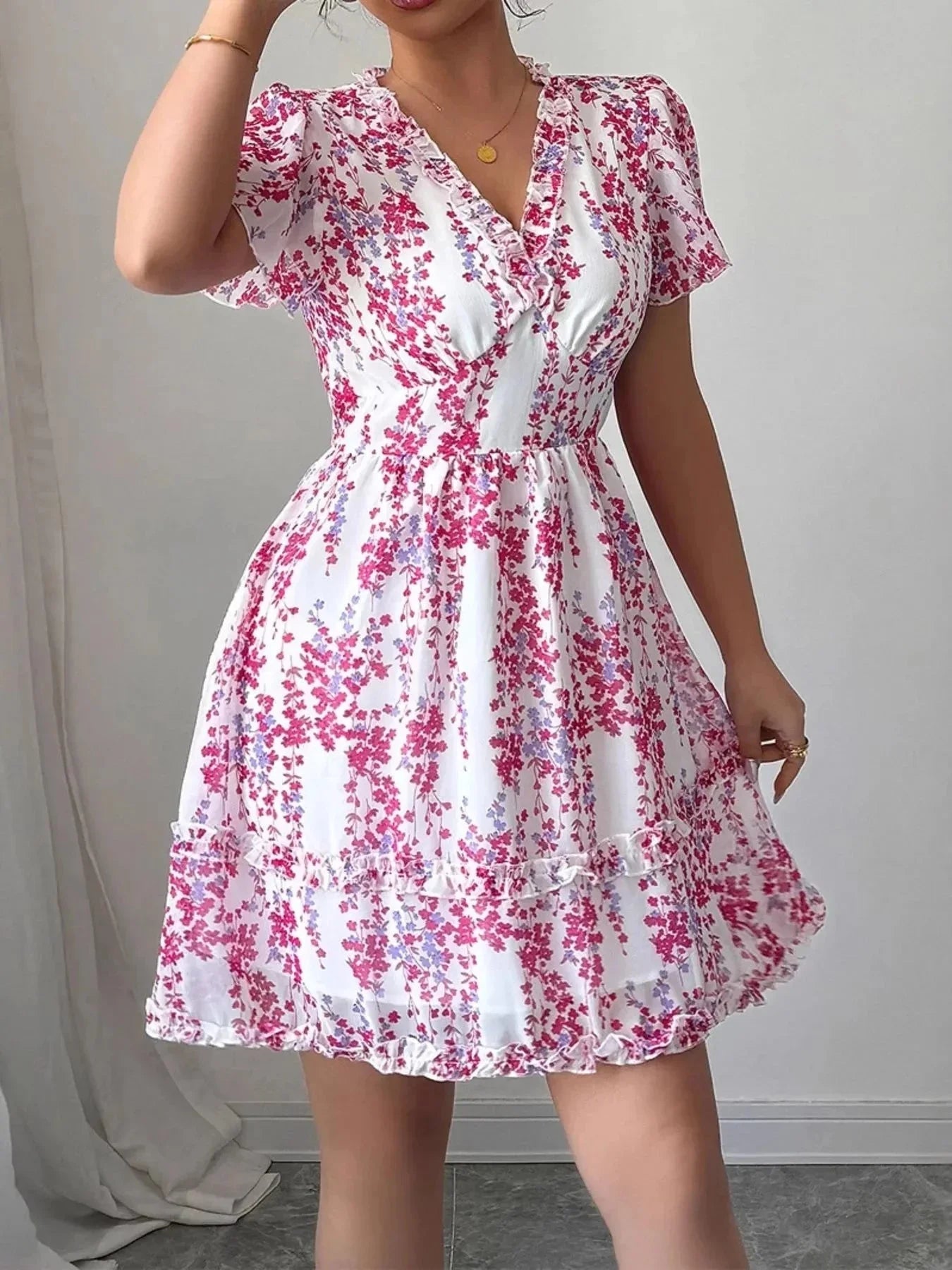 Floral Wrap Dress with Flutter Sleeves - VILLA FASHION